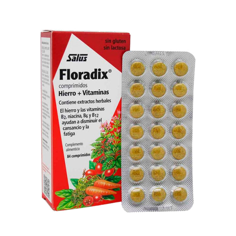 Tabletas de Floradix de SalusFlora, suplemento de hierro y vitaminas en envase con tabletas para mejorar la energía.